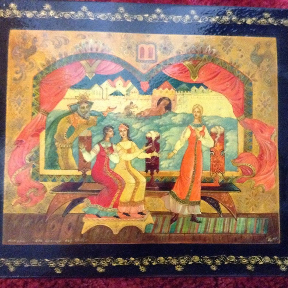 Antique Collectors Russian Hand Painted Black Lacquer Story Box